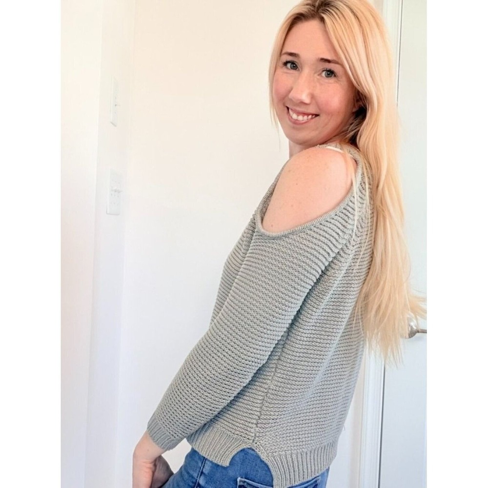 Off Shoulder Chunky Knit Sweater Gray Small Cozy Slouchy - Picture 1 of 9